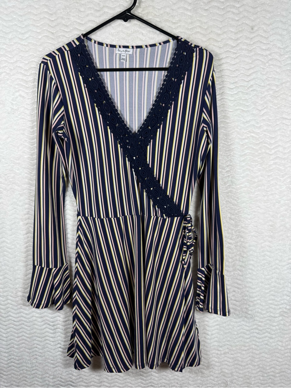 Love, Fire striped jersey stretch dress featuring long bell sleeves 🧡🔥